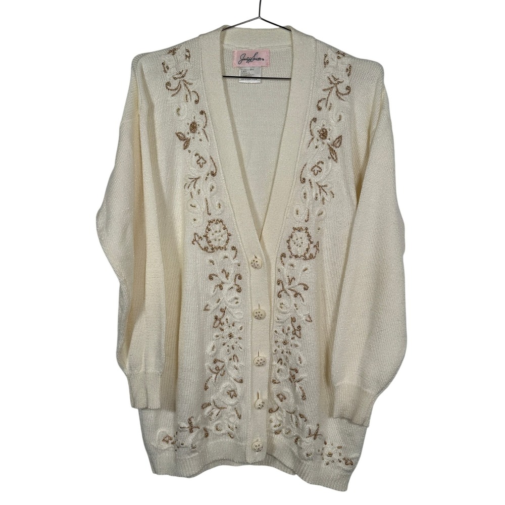 Vintage 80s‎ Jaclyn Smith Cream Golden Girls Embroidered Cardigan Sweater Large